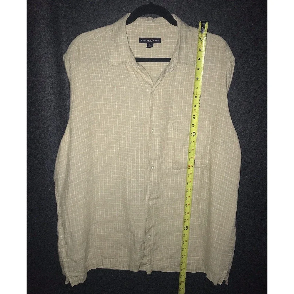 Banana Republic Shirt Tan White Plaid‎ 100% Linen Short Sleeve Button Up Men's